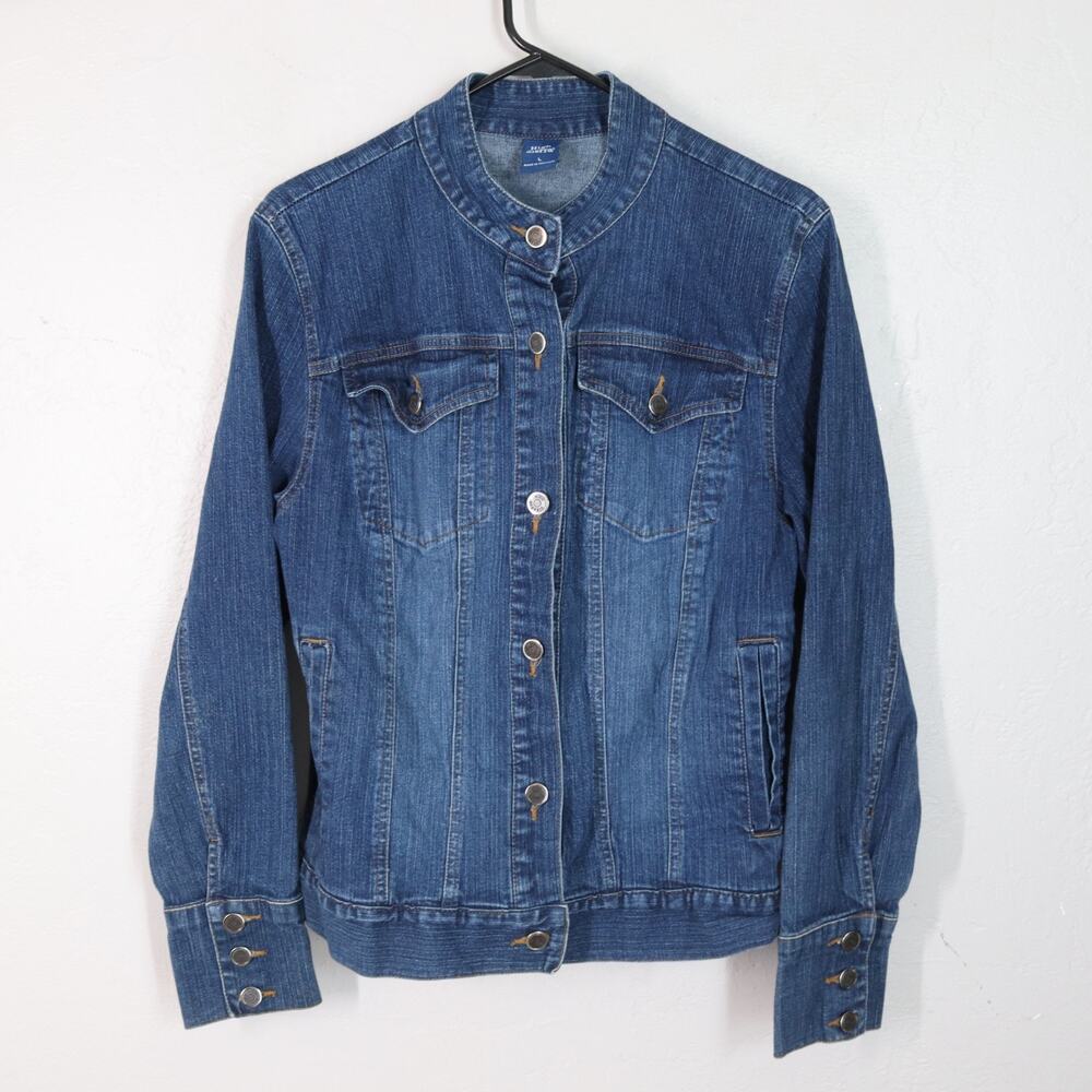 High Sierra Denim Jacket Women L Blue Med WasButton Front Long Cuffs Pockets